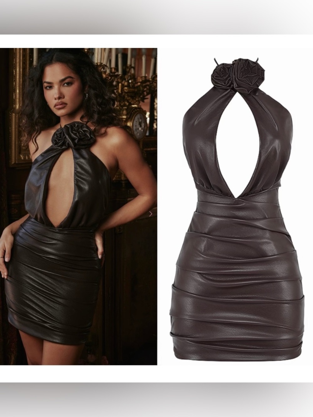 House of CB Chocolate Brown Faux-Leather Halter Mini Dress with Rosette
